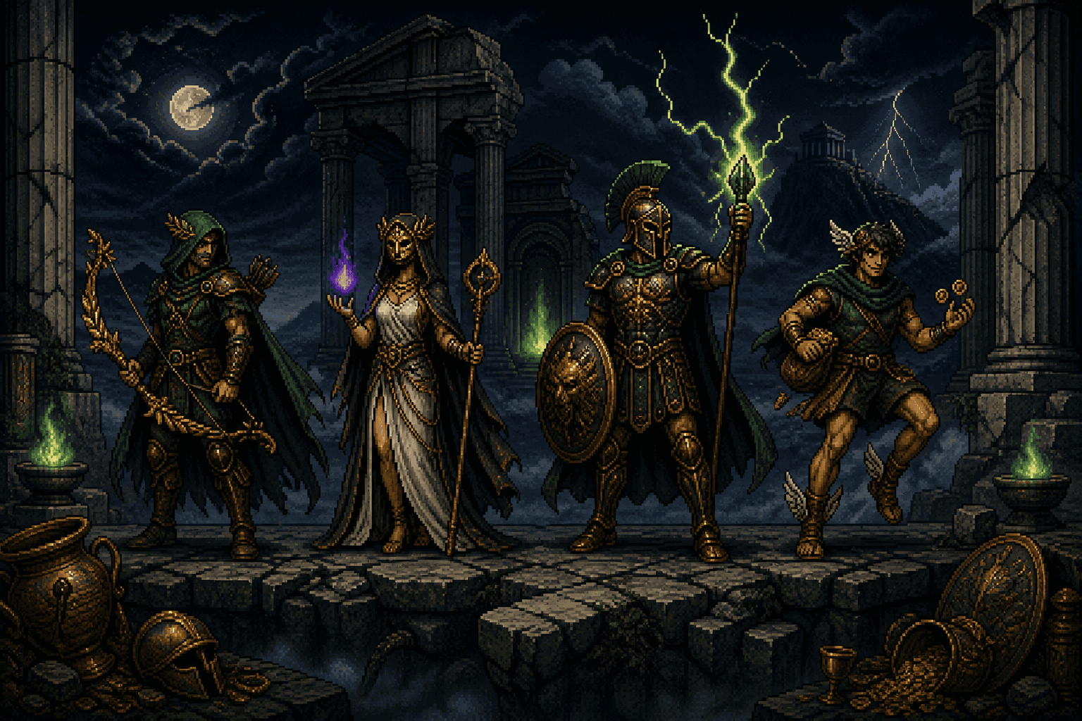 Four 16-bit Genesis ROLYMPUS demigods in a moonlit Greek temple